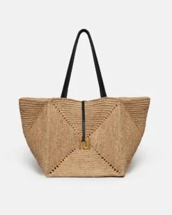 Nanushka Origami Tote Large - Raffia Charm Tote - Natural/Black