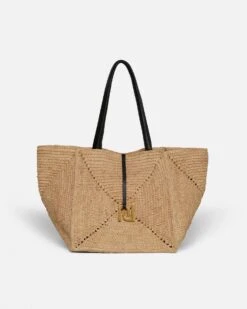 Nanushka Origami Tote - Raffia Charm Tote - Natural/Black