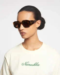 Nanushka Cathi - Bio-Plastic Square-Frame Sunglasses - Dark Amber -Nanushka Fashion Store NAN SS24 WW FULL BODY CROPPED 260