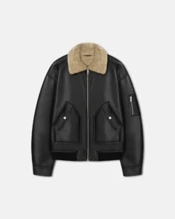 Nanushka Lude - Bonded Shearling Flight Jacket - Cornstalk/Black -Nanushka Fashion Store NM24FWJK02168 LUDE CORNSTALK BLACK BONDED SHEARLING