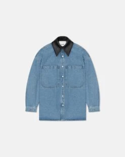 Nanushka Beaux - Leather-Trimmed Denim Shirt - Mid Blue