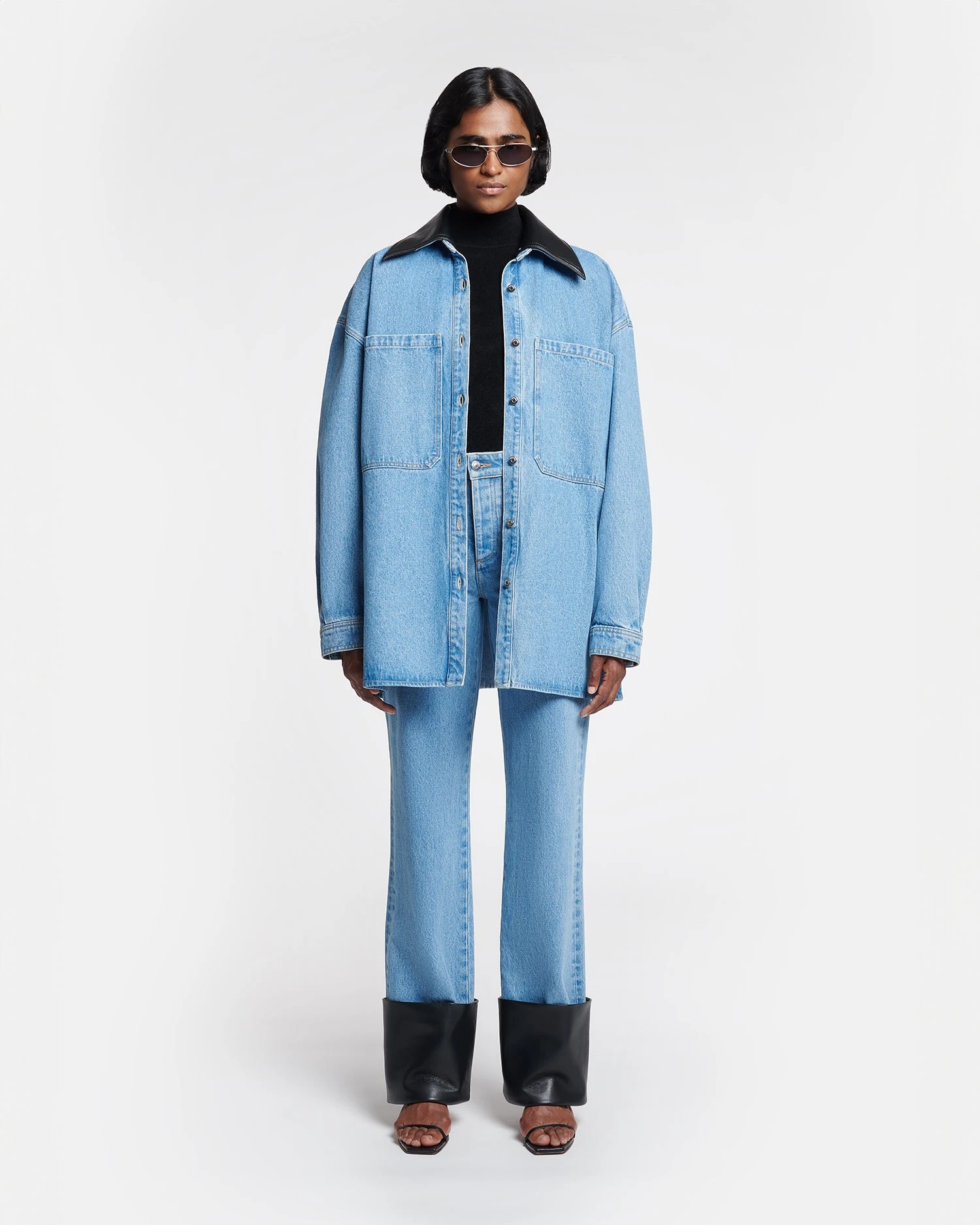 Nanushka Beaux - Leather-Trimmed Denim Shirt - Mid Blue 2 Nanushka Beaux - Leather-Trimmed Denim Shirt - Mid Blue - Image 2