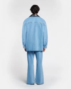 Nanushka Beaux - Leather-Trimmed Denim Shirt - Mid Blue 13 Nanushka Beaux - Leather-Trimmed Denim Shirt - Mid Blue -Nanushka Fashion Store NU24PFJK00553 BEAUX MID BLUE BLACK DENIM REGEN LEATHER 2