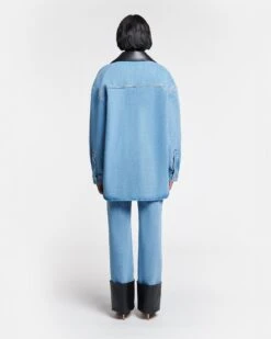 Nanushka Beaux - Leather-Trimmed Denim Shirt - Mid Blue 12 Nanushka Beaux - Leather-Trimmed Denim Shirt - Mid Blue -Nanushka Fashion Store NU24PFJK00553 BEAUX MID BLUE BLACK DENIM REGEN LEATHER 2 1