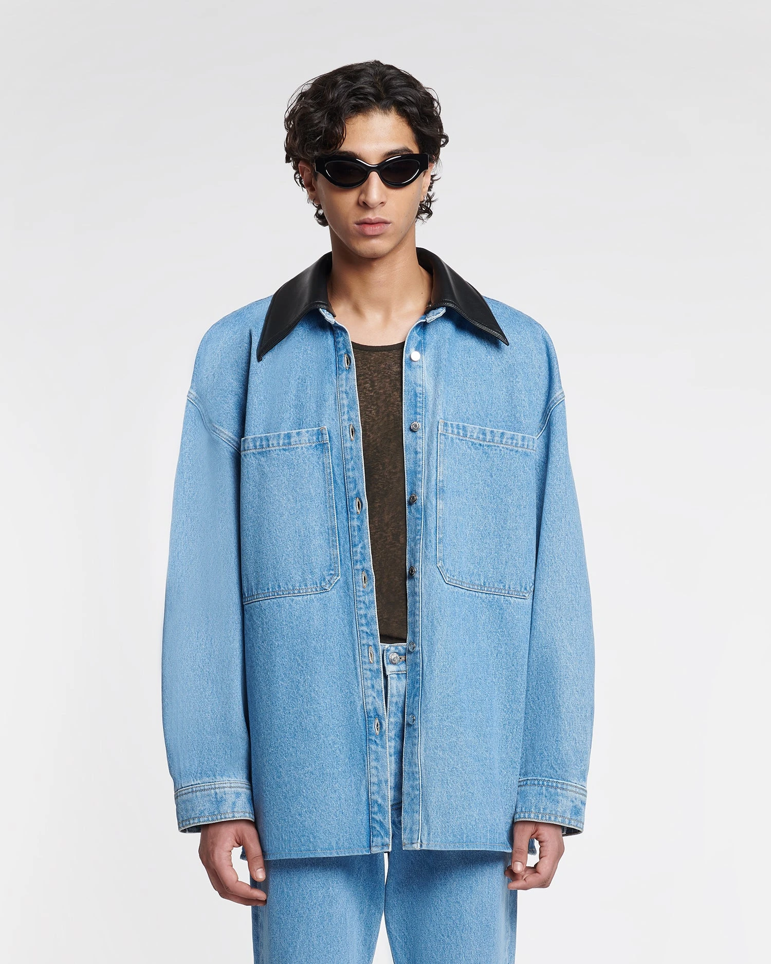 Nanushka Beaux - Leather-Trimmed Denim Shirt - Mid Blue 7 Nanushka Beaux - Leather-Trimmed Denim Shirt - Mid Blue - Image 7