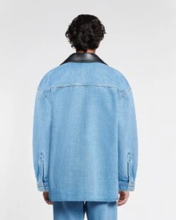 Nanushka Beaux - Leather-Trimmed Denim Shirt - Mid Blue 17 Nanushka Beaux - Leather-Trimmed Denim Shirt - Mid Blue -Nanushka Fashion Store NU24PFJK00553 BEAUX MID BLUE BLACK DENIM REGEN LEATHER 4