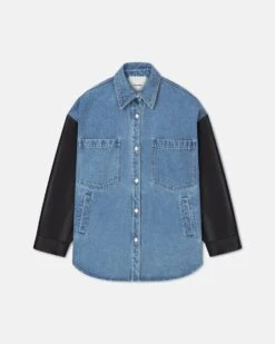 Nanushka Zinnie - Denim And Regenerated Leather Shirt - Mid Blue-Black