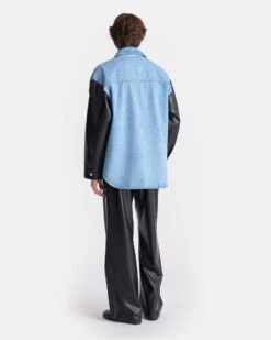 Nanushka Zinnie - Denim And Regenerated Leather Shirt - Mid Blue-Black -Nanushka Fashion Store NU25RSTP09753ZINNIE MIDBLUE BLACK DENIM REGENLEATHER 02 286f9006 0d14 4a08 8dc8 2d67f08d64fd