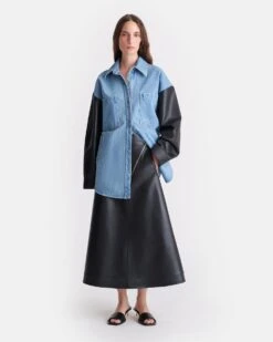 Nanushka Zinnie - Denim And Regenerated Leather Shirt - Mid Blue-Black -Nanushka Fashion Store NU25RSTP09753ZINNIE MIDBLUE BLACK DENIM REGENLEATHER 04