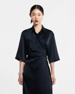 Nanushka Lais - Draped Front Shirt Dress - Black -Nanushka Fashion Store NW20CRDR03199 LAIS BLACK SLIP SATIN 01
