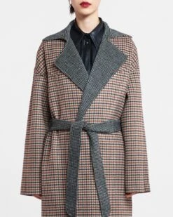 Nanushka Alamo - Wool Silk Blend Robe Coat - Reversible Check -Nanushka Fashion Store NW20CROW00999 ALAMO REVERSIBLE CHECK DOUBLE WOOL SILK BLEND 04b