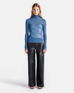 Nanushka Kynlee - Mesh Jersey And Okobor™ Alt-Leather Top - Blue -Nanushka Fashion Store NW24FWTP33554 KYNLEE BLUE MESH JERSEY OKOBOR 01 NEW