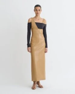 Nanushka Ferriti - Okobor™ Alt-Leather Midi Dress - Oak/Grey