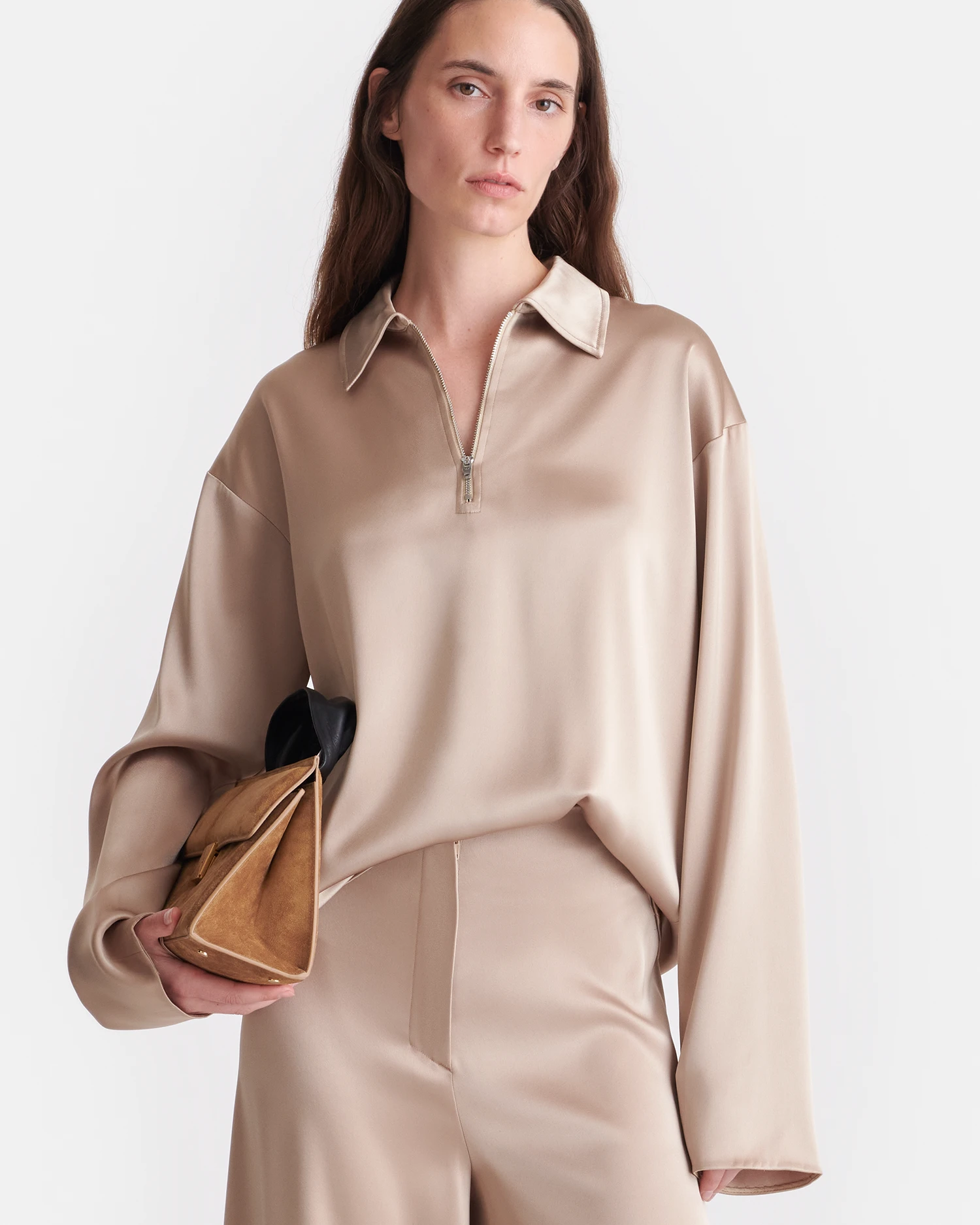 Nanushka Mencia - Slip Satin Polo-Neck Top - Dune 1 Nanushka Mencia - Slip Satin Polo-Neck Top - Dune