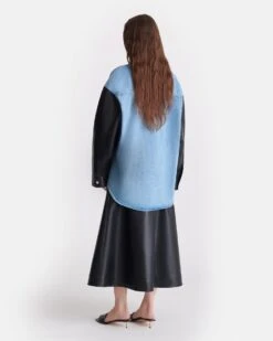 Nanushka Zinnie - Denim And Regenerated Leather Shirt - Mid Blue-Black -Nanushka Fashion Store nani11264118