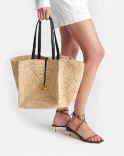 Nanushka Origami Tote - Raffia Charm Tote - Natural/Black -Nanushka Fashion Store the origami tote raffia